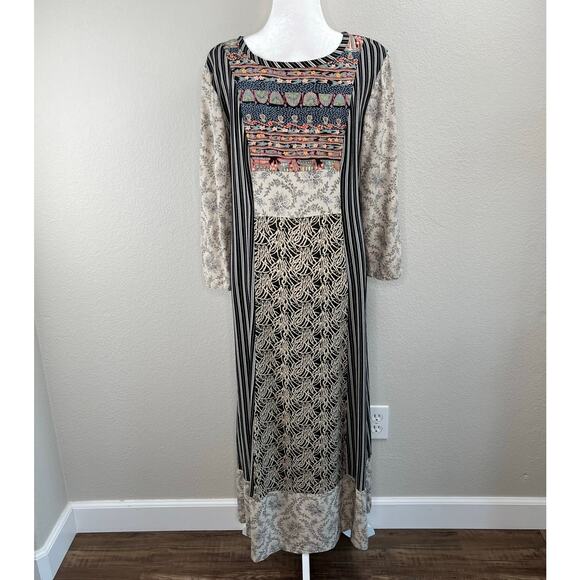 Black Stripe Floral Mixed Print 3/4 Sleeve Eclectic Boho Maxi Shift Dress Medium - Picture 11 of 14